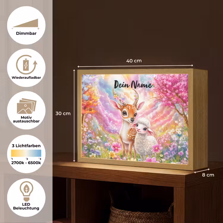 Hertje - Lammetje - Bloemen - Pastel Light Box met batterij (Wandlamp kind) middel -USP_websiteoverzichtDE