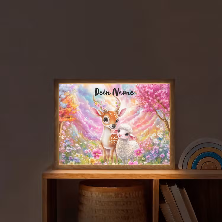 Hertje - Lammetje - Bloemen - Pastel Light Box met batterij (Wandlamp kind) middel -sfeer1_kind