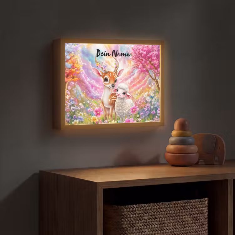 Hertje - Lammetje - Bloemen - Pastel Light Box met batterij (Wandlamp kind) middel -sfeer5_kind