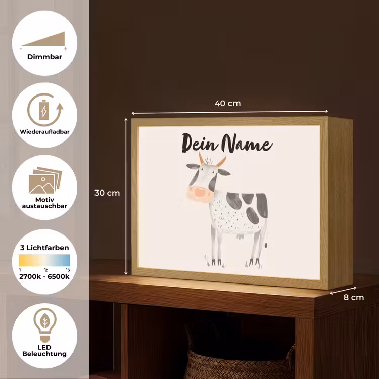 Koe - Boerderij dier - Dieren - Pastel kleuren Light Box met batterij (Wandlamp kind) middel -USP_websiteoverzichtDE