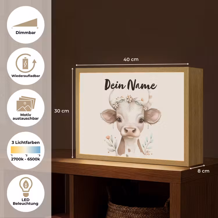 Koe - Bohemian - Kalfje - Bloemen Light Box met batterij (Wandlamp kind) middel -USP_websiteoverzichtDE