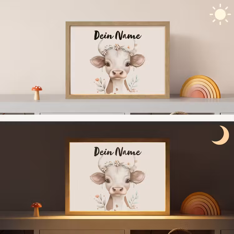 Koe - Bohemian - Kalfje - Bloemen Light Box met batterij (Wandlamp kind) middel -sfeer3_kind