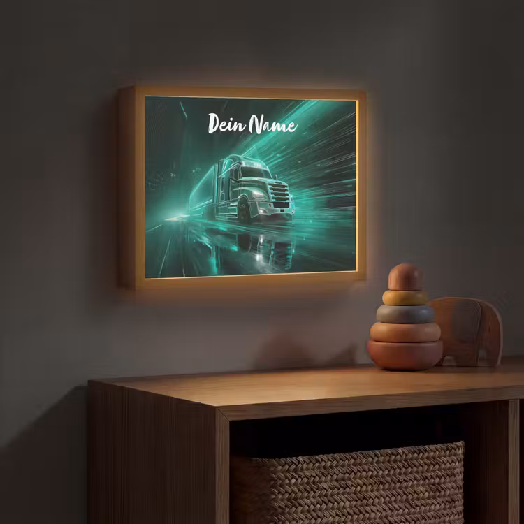 Vrachtwagen - Stad - Groen - Neon Light Box met batterij (Wandlamp kind) middel -sfeer5_kind