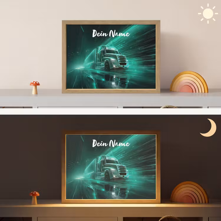 Vrachtwagen - Stad - Groen - Neon Light Box met batterij (Wandlamp kind) middel -sfeer3_kind