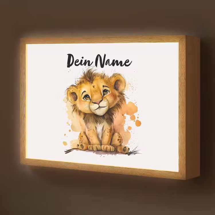 Leeuw - Waterverf - Bruin - Dieren - Meisjes - Jongens Light Box met batterij (Wandlamp kind) middel -z3d_website