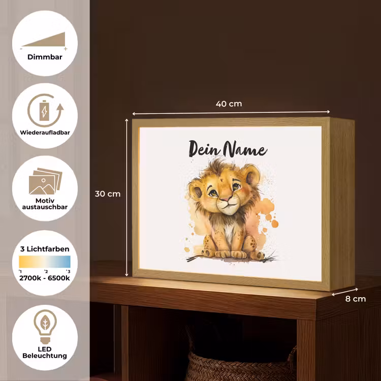 Leeuw - Waterverf - Bruin - Dieren - Meisjes - Jongens Light Box met batterij (Wandlamp kind) middel -USP_websiteoverzichtDE