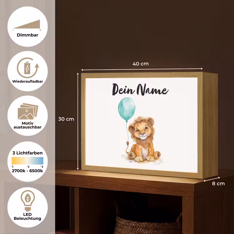 Leeuw - Baby dier - Blauwe ballon Light Box met batterij (Wandlamp kind) middel -USP_websiteoverzichtDE