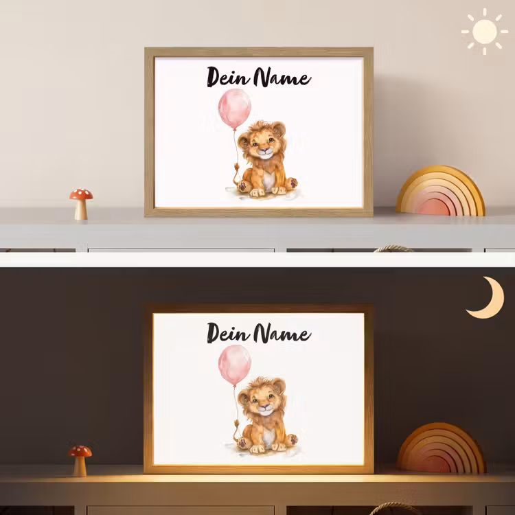 Leeuw - Baby dier - Dieren - Roze ballon Light Box met batterij (Wandlamp kind) middel -sfeer3_kind
