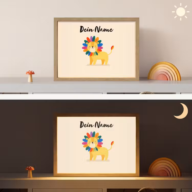 Leeuw - Kleurrijke manen - Beige Light Box met batterij (Wandlamp kind) middel -sfeer3_kind