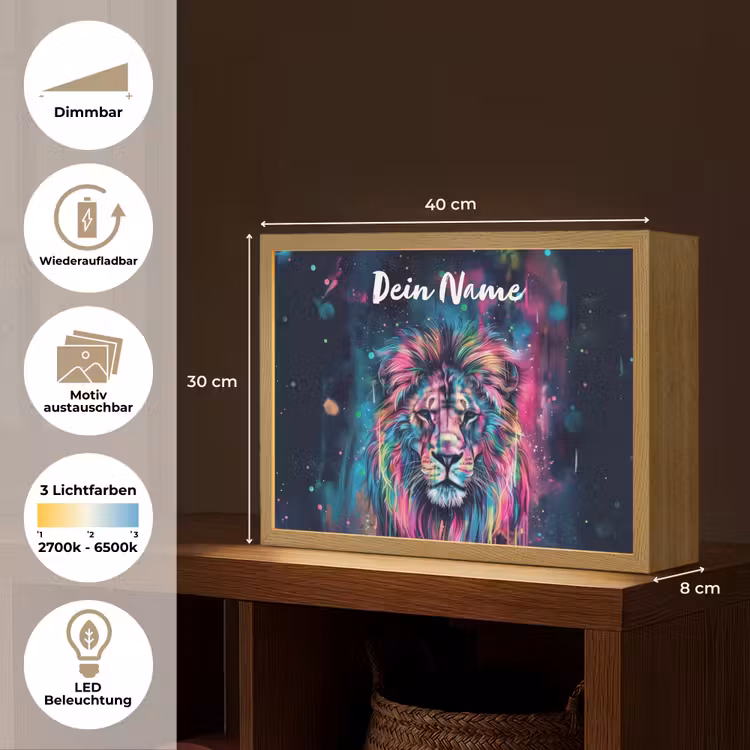 Leeuw - Verf - Kleurrijk - Zwart - Dieren Light Box met batterij (Wandlamp kind) middel -USP_websiteoverzichtDE