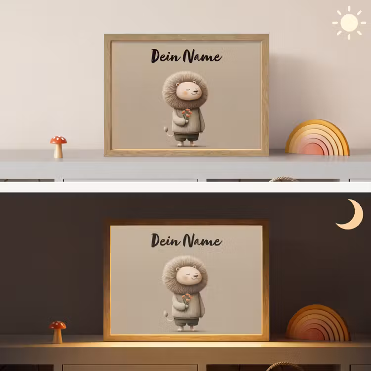 Leeuw - Oranje bloemen - Vriendelijk Light Box met batterij (Wandlamp kind) middel -sfeer3_kind
