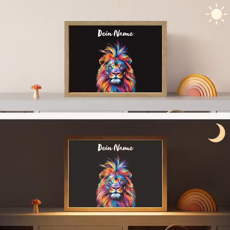 Leeuwen - Kleurrijk - Zwart - Dieren Light Box met batterij (Wandlamp kind) middel -sfeer3_kind