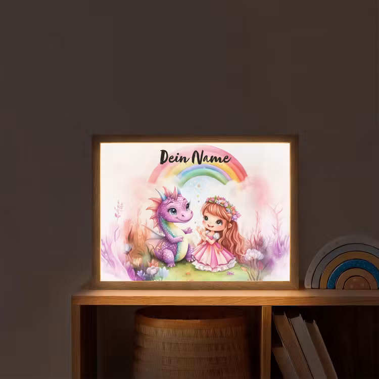 Meisje - Draak - Regenboog Light Box met batterij (Wandlamp kind) middel -sfeer1_kind
