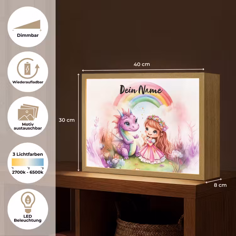 Meisje - Draak - Regenboog Light Box met batterij (Wandlamp kind) middel -USP_websiteoverzichtDE