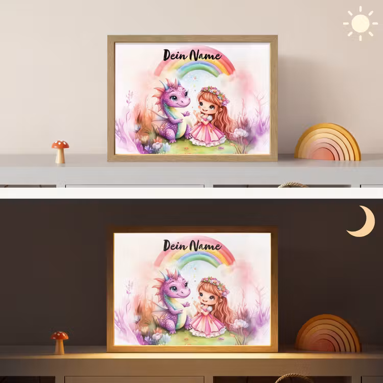 Meisje - Draak - Regenboog Light Box met batterij (Wandlamp kind) middel -sfeer3_kind