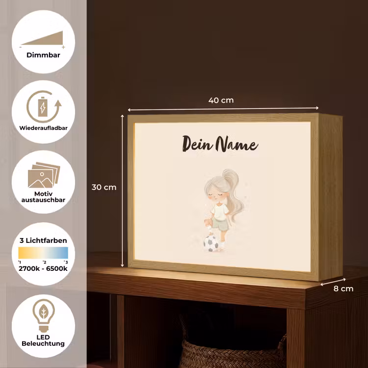 Meisje - Staart - Voetbal - Minimalistisch Light Box met batterij (Wandlamp kind) middel -USP_websiteoverzichtDE
