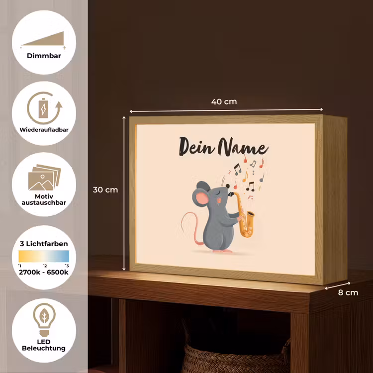 Muis - Saxofoon - Muzieknoten Light Box met batterij (Wandlamp kind) middel -USP_websiteoverzichtDE