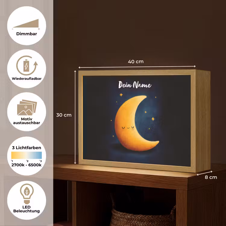 Maan - Geel - Sterren - Gezichtje Light Box met batterij (Wandlamp kind) middel -USP_websiteoverzichtDE