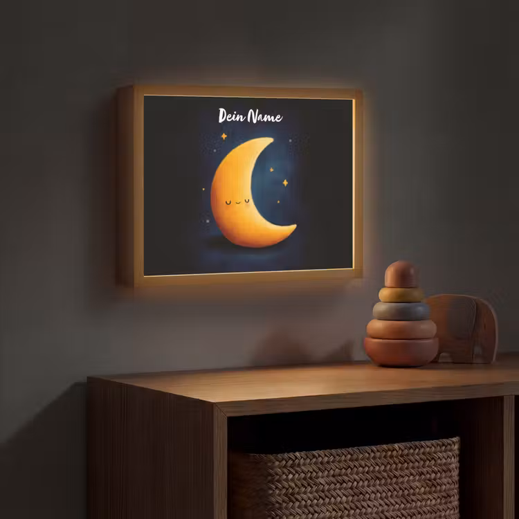 Maan - Geel - Sterren - Gezichtje Light Box met batterij (Wandlamp kind) middel -sfeer5_kind