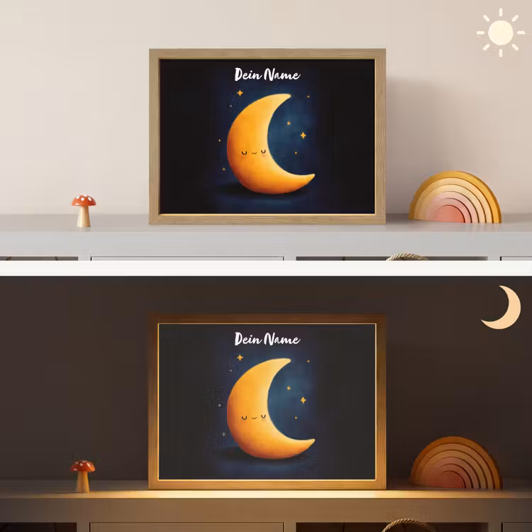 Maan - Geel - Sterren - Gezichtje Light Box met batterij (Wandlamp kind) middel -sfeer3_kind