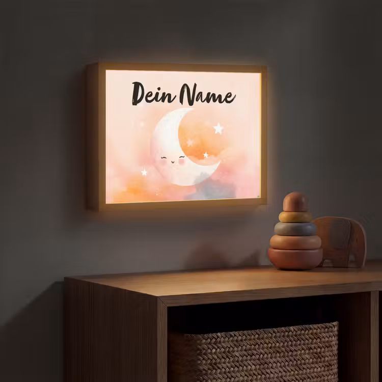 Maan - Gezichtje - Sterren - Roze Light Box met batterij (Wandlamp kind) middel -sfeer5_kind