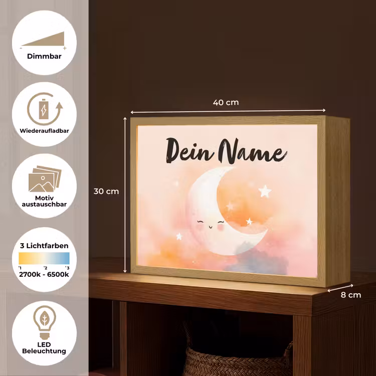 Maan - Gezichtje - Sterren - Roze Light Box met batterij (Wandlamp kind) middel -USP_websiteoverzichtDE