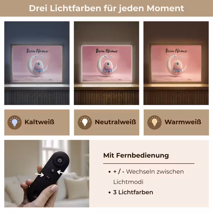 Maan - Monster - Roze Light Box met batterij (Wandlamp kind) middel -USP_lichtkleurDE