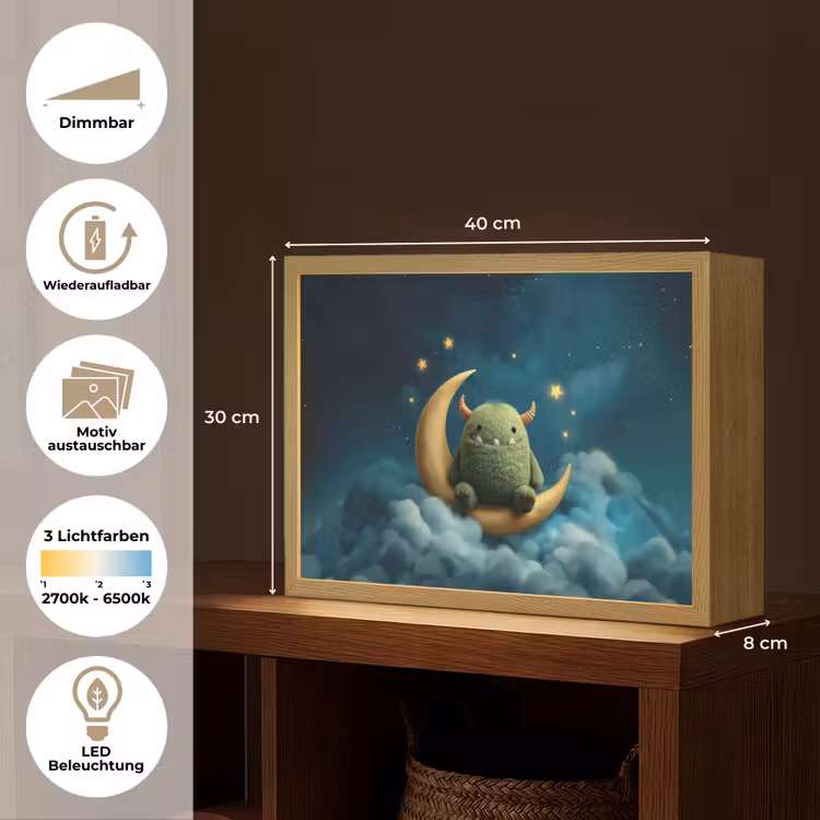 Monster - Groen - Maan - Wolken Light Box met batterij (Wandlamp kind) middel -USP_websiteoverzichtDE