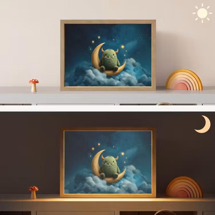 Monster - Groen - Maan - Wolken Light Box met batterij (Wandlamp kind) middel -sfeer3_kind