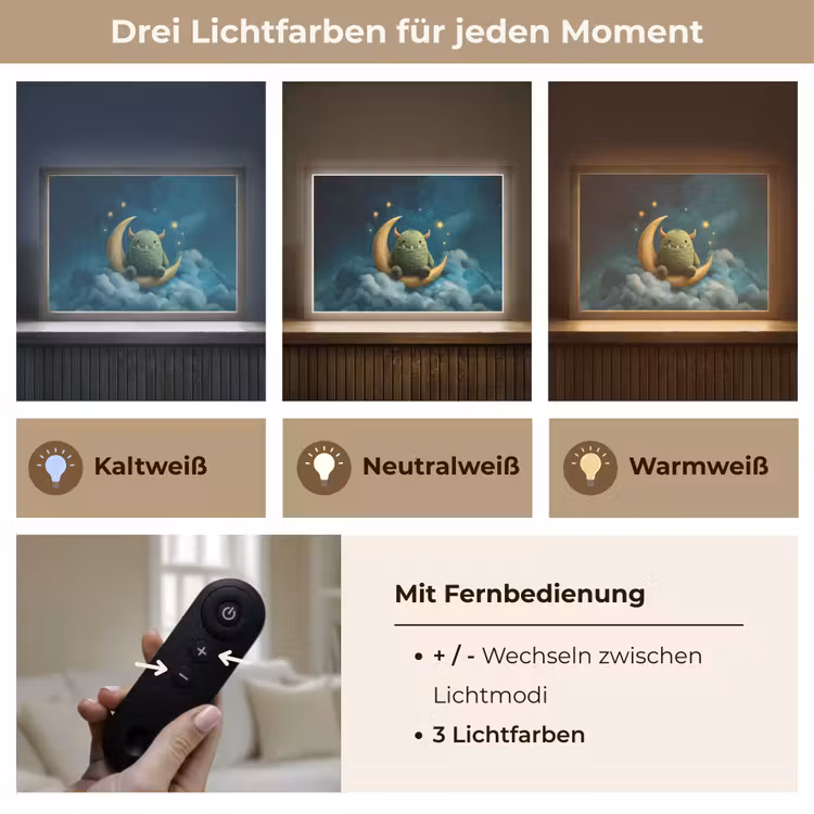Monster - Groen - Maan - Wolken Light Box met batterij (Wandlamp kind) middel -USP_lichtkleurDE