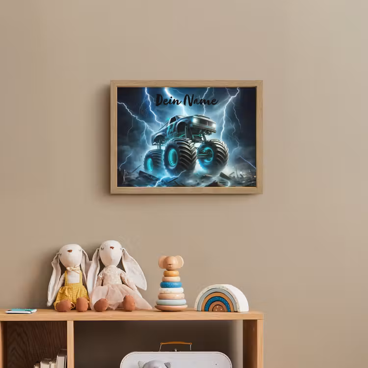 Monstertruck - Bliksem - Blauw - Jongens - Auto Light Box met batterij (Wandlamp kind) middel -sfeer2_kind