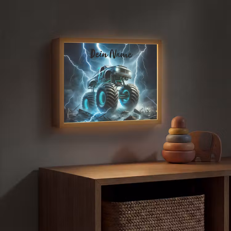 Monstertruck - Bliksem - Blauw - Jongens - Auto Light Box met batterij (Wandlamp kind) middel -sfeer5_kind