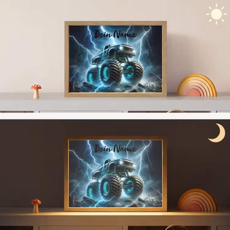 Monstertruck - Bliksem - Blauw - Jongens - Auto Light Box met batterij (Wandlamp kind) middel -sfeer3_kind