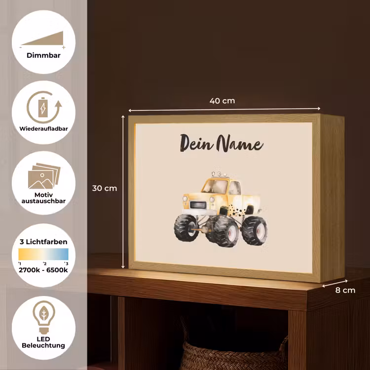 Monstertruck - Geel - Minimalistisch Light Box met batterij (Wandlamp kind) middel -USP_websiteoverzichtDE