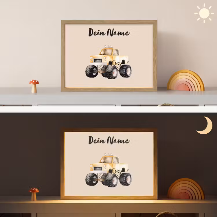 Monstertruck - Geel - Minimalistisch Light Box met batterij (Wandlamp kind) middel -sfeer3_kind