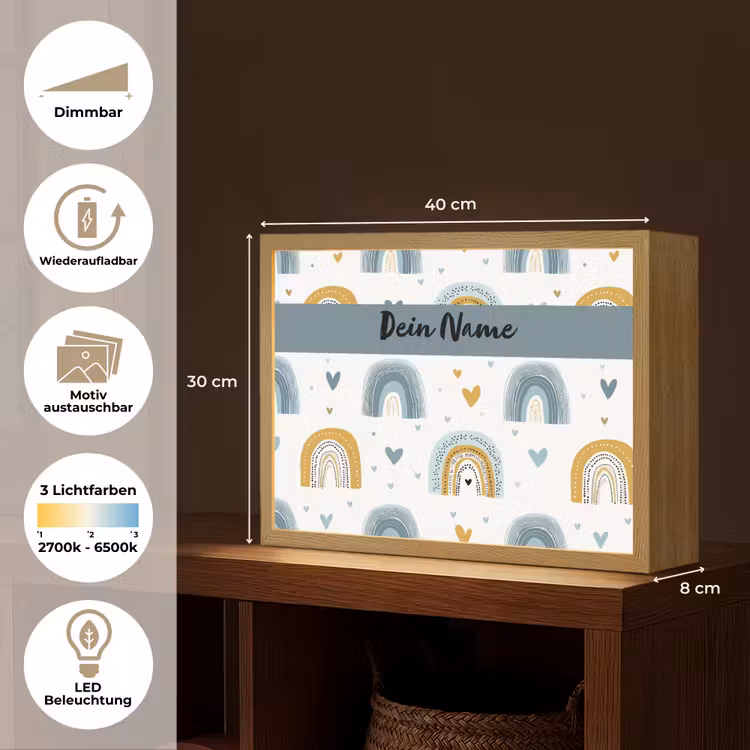 Patroon - Blauw - Regenboog - Hartjes Light Box met batterij (Wandlamp kind) middel -USP_websiteoverzichtDE