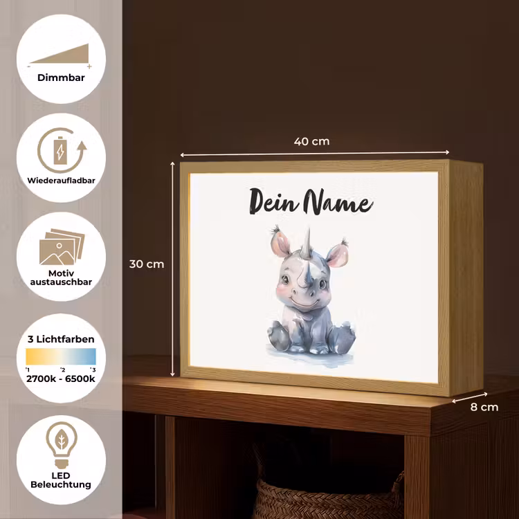 Neushoorn - Baby dier - Dieren Light Box met batterij (Wandlamp kind) middel -USP_websiteoverzichtDE