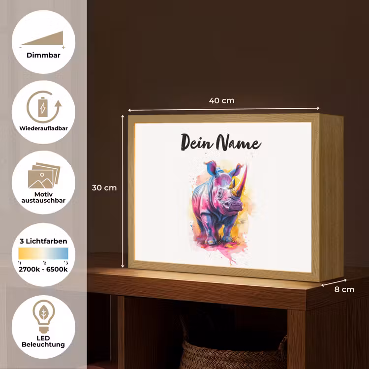 Neushoorn - Kleurrijk - Verf - Dieren Light Box met batterij (Wandlamp kind) middel -USP_websiteoverzichtDE