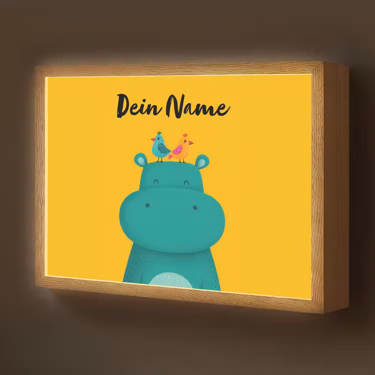 Nijlpaard - Vogels - Groen - Geel Light Box met batterij (Wandlamp kind) middel -z3d_website