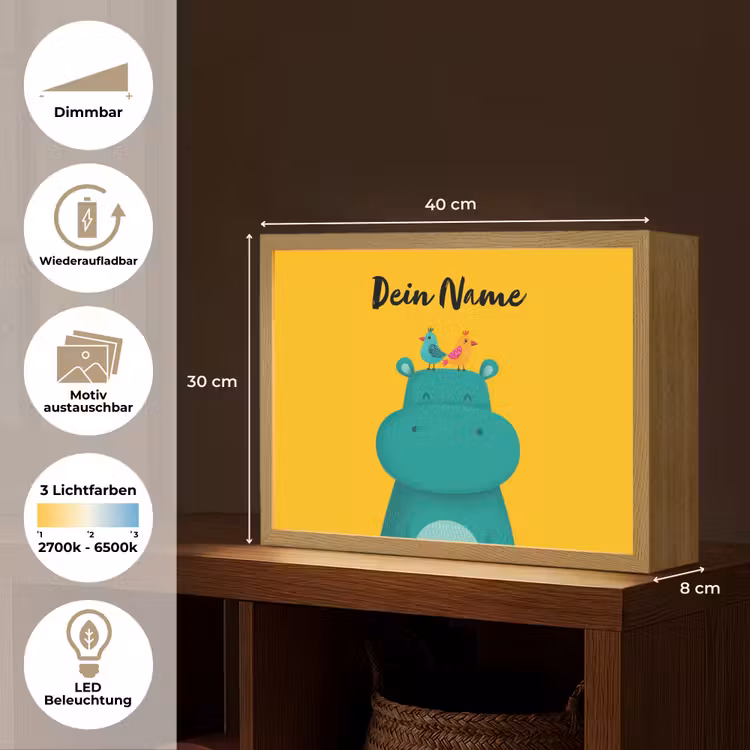 Nijlpaard - Vogels - Groen - Geel Light Box met batterij (Wandlamp kind) middel -USP_websiteoverzichtDE