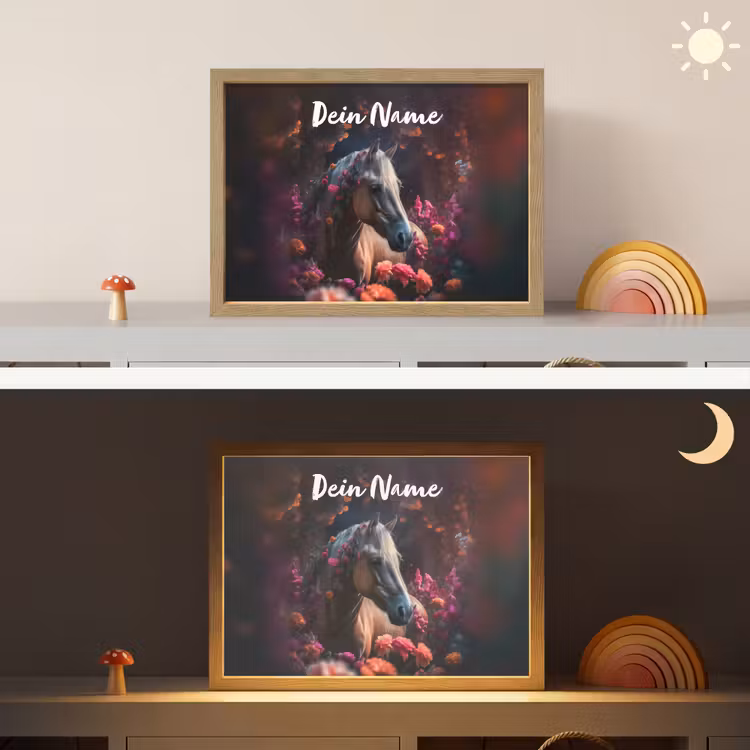 Paard - Bloemen - Paars - Oranje - Dieren Light Box met batterij (Wandlamp kind) middel -sfeer3_kind