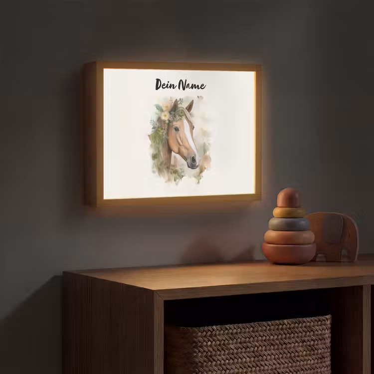 Paard - Bloemen - Natuur - Waterverf - Dieren Light Box met batterij (Wandlamp kind) middel -sfeer5_kind