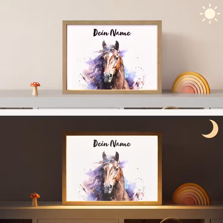 Paard - Dieren - Meisjes - Paars - Bruin Light Box met batterij (Wandlamp kind) middel -sfeer3_kind