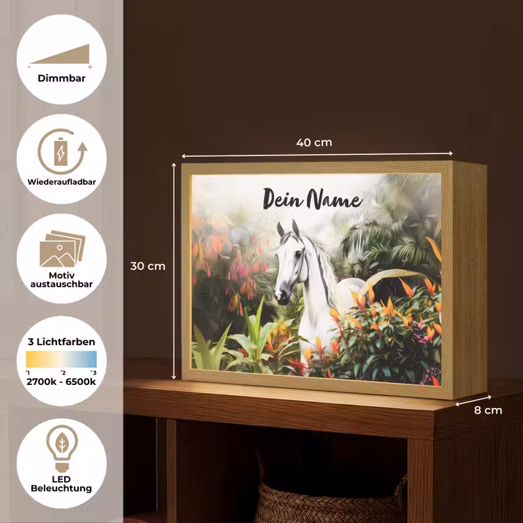 Paard - Wit - Bos - Bloemen - Planten Light Box met batterij (Wandlamp kind) middel -USP_websiteoverzichtDE