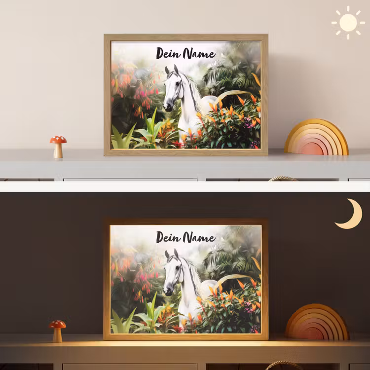 Paard - Wit - Bos - Bloemen - Planten Light Box met batterij (Wandlamp kind) middel -sfeer3_kind