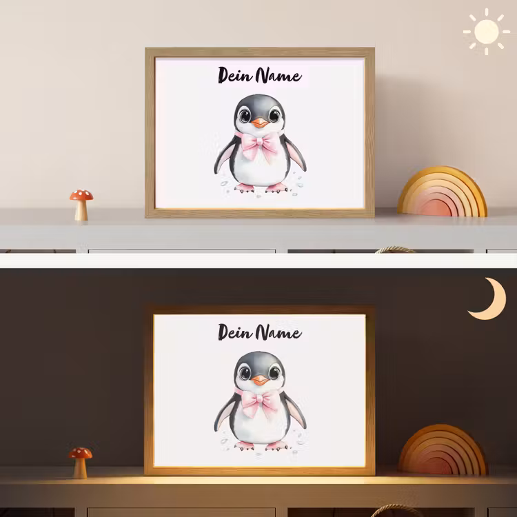 Pinguïn - Strikje - Roze - Dier Light Box met batterij (Wandlamp kind) middel -sfeer3_kind