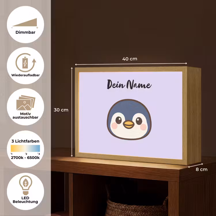 Pinguïn - Paars - Minimalistisch - Blosjes Light Box met batterij (Wandlamp kind) middel -USP_websiteoverzichtDE