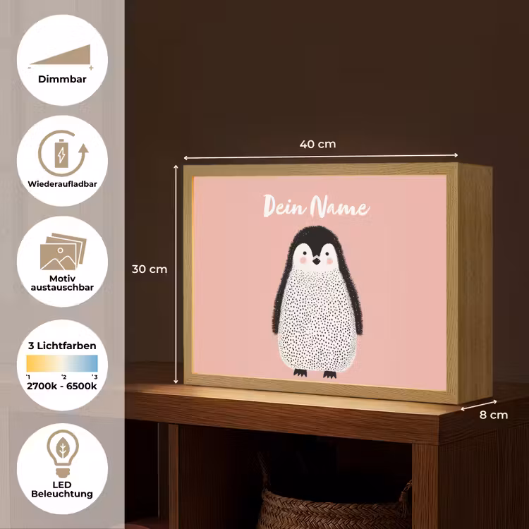 Pinguïn - Stippen - Minimalistisch - Roze Light Box met batterij (Wandlamp kind) middel -USP_websiteoverzichtDE