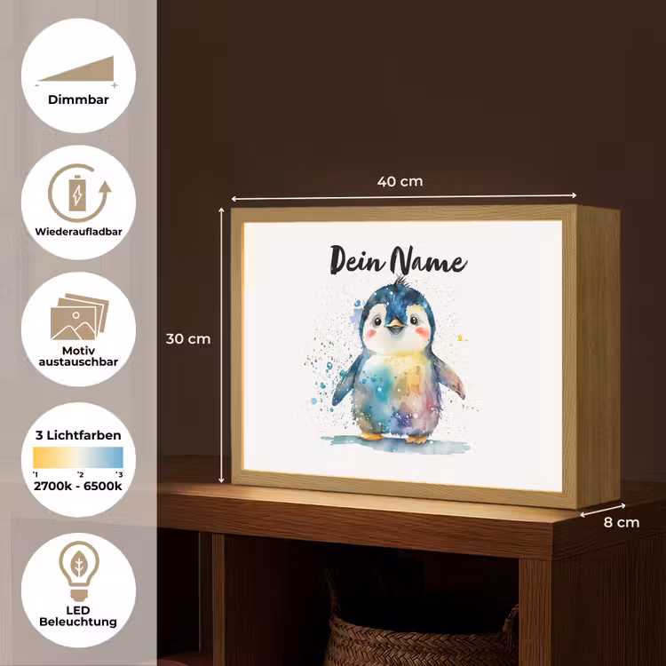 Pinguïn - Regenboog - Waterverf - Dieren - Kinderen Light Box met batterij (Wandlamp kind) middel -USP_websiteoverzichtDE