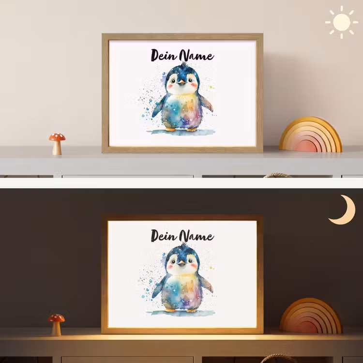 Pinguïn - Regenboog - Waterverf - Dieren - Kinderen Light Box met batterij (Wandlamp kind) middel -sfeer3_kind